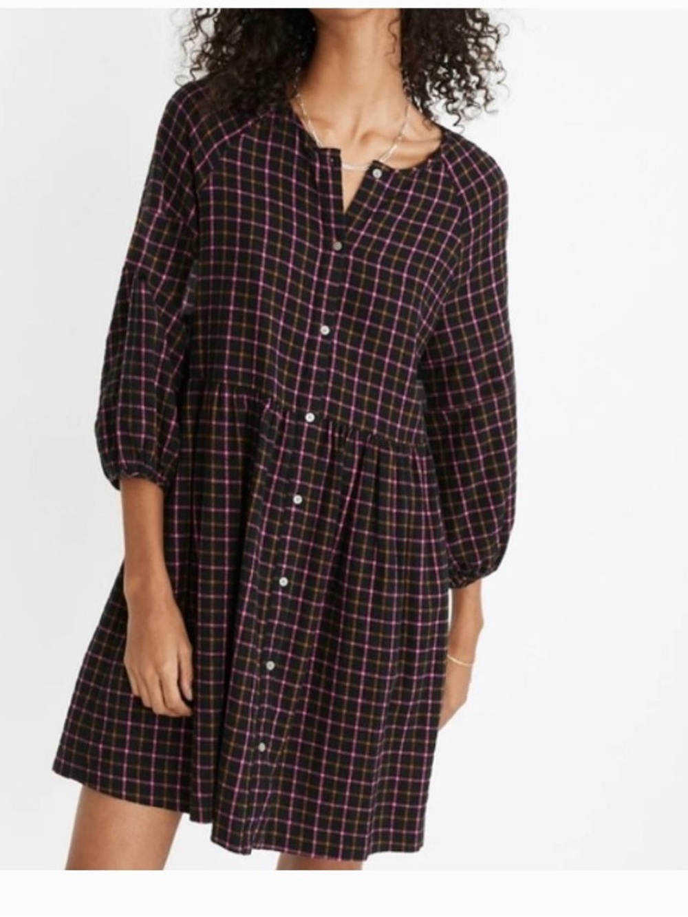 Madewell Plaid Flannel Raglan Button-Front Dress Relaxed 3/4 Sleeves Size 16